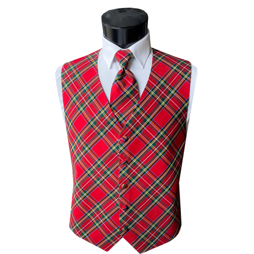 Holiday Red Real Tartan Plaid Tuxedo Vest and Neck Tie Set